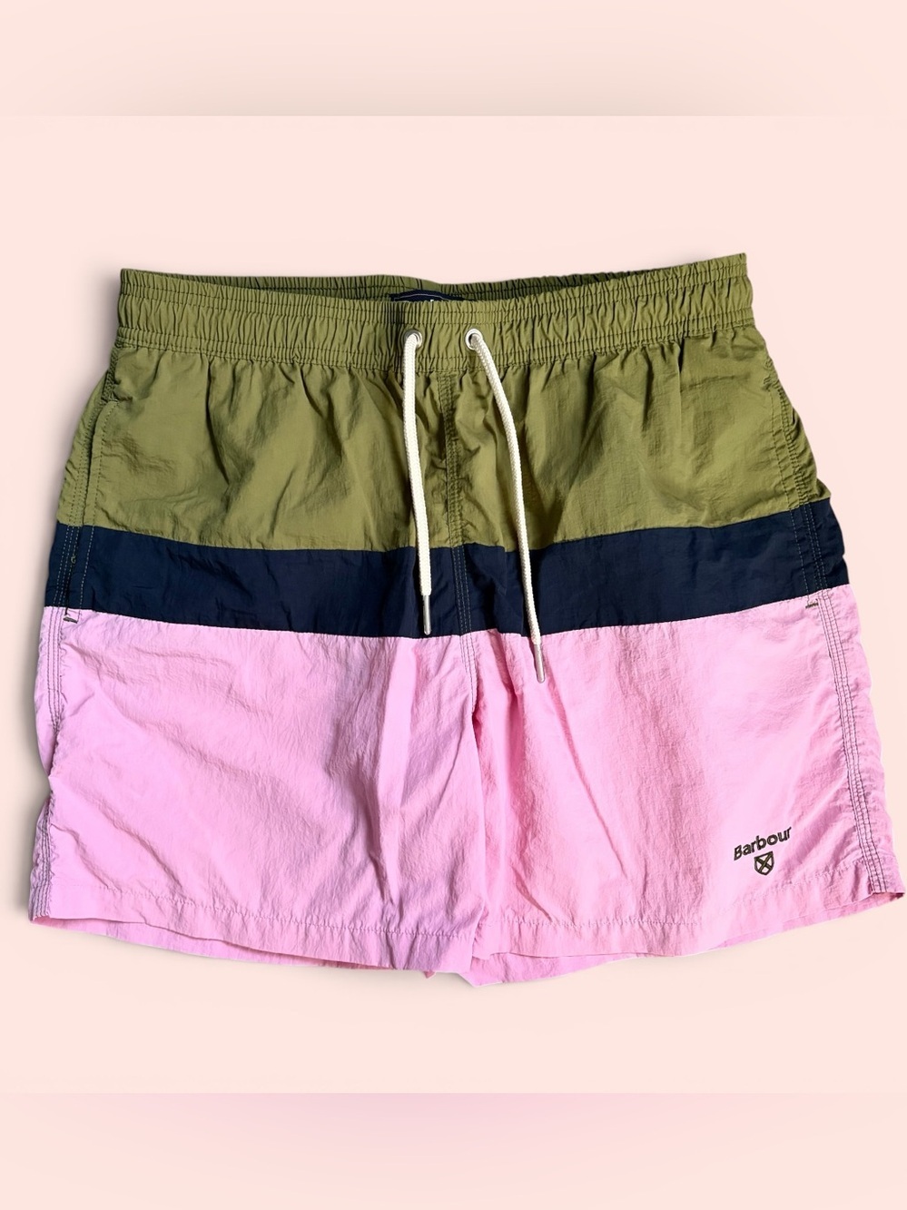 Barbour Men's Logo Swim Trunks Sz M Color Block Green Pink Drawstring 5" Inseam